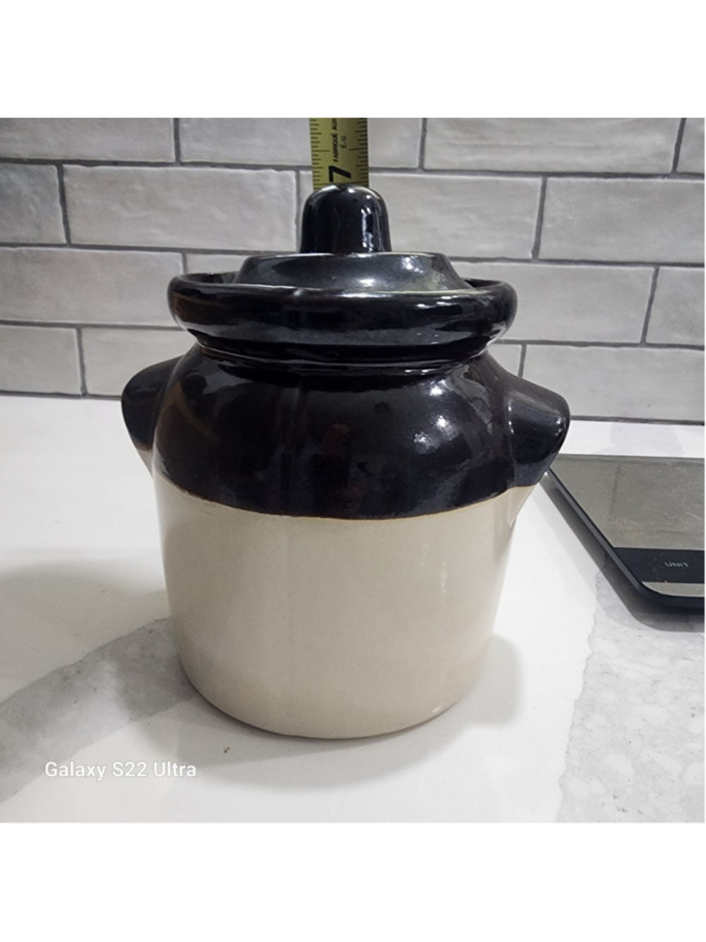Vintage Stoneware Crock Brown Cream with Lid